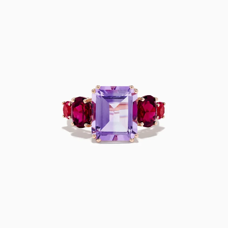 Ladies Rings for Best Friends-14K Rose Gold Amethyst, Rhodolite and Pink Tourmaline Ring