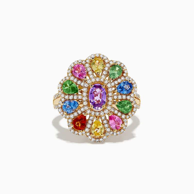 Ladies Rings with Amethyst-Watercolors 14K Yellow Gold Multi Sapphire and Diamond Ring