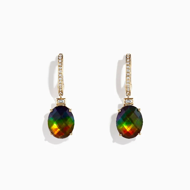 Ladies Earrings for Retirees-14K Yellow Gold Ammolite and Diamond Drop Earrings