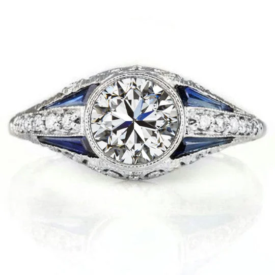 Ladies Engagement Rings Pave Setting-1ct GIA CERTIFIED DIAMOND SAPPHIRE ENGAGEMENT RING VINTAGE STYLE ART DECO ROUND