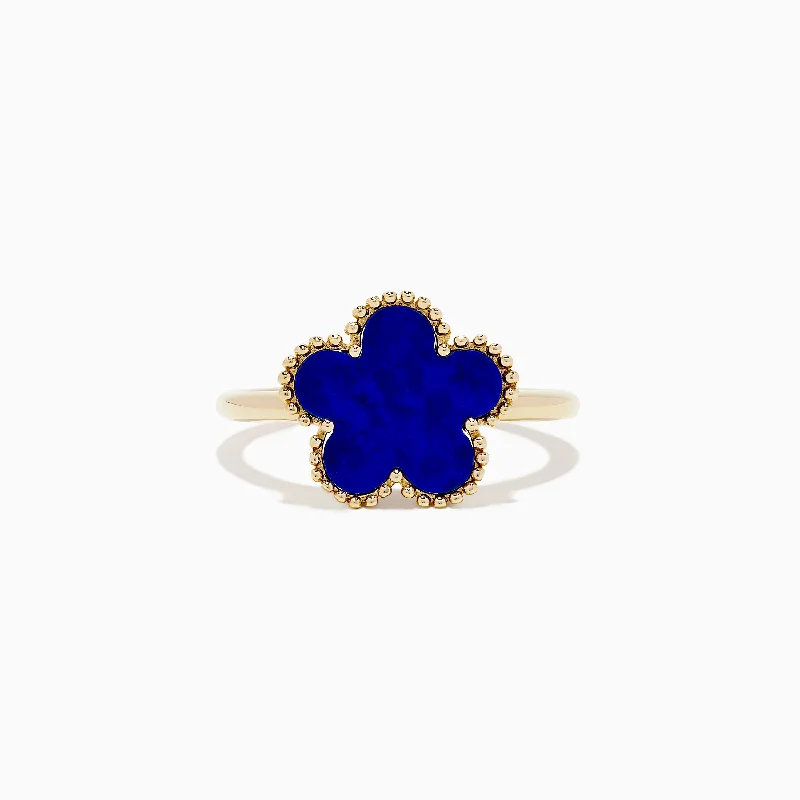 Ladies Rings with Cassiterite-Novelty 14K Yellow Gold Lapis Flower Ring