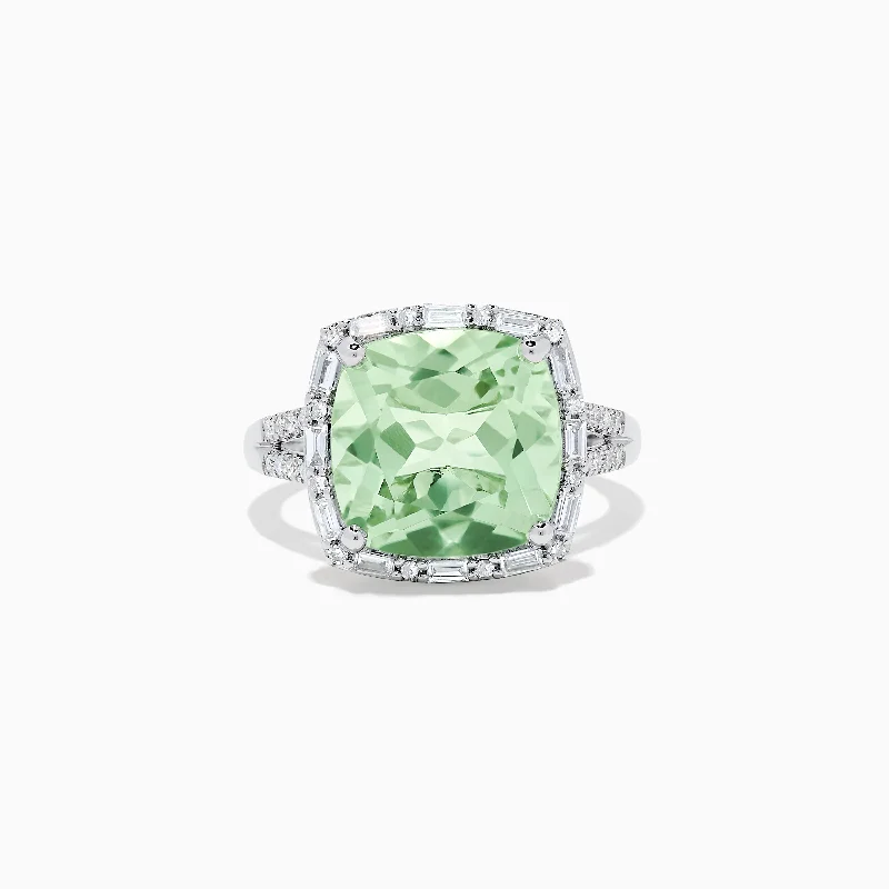 Ladies Rings with Crystals-14K White Gold Green Amethyst and Diamond Ring