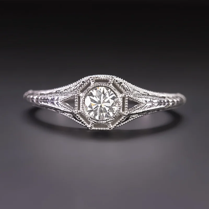 Ladies Engagement Rings Floral Band-VINTAGE STYLE DIAMOND ENGAGEMENT RING 0.32ct G-H SI1-SI2 14k WHITE GOLD FILIGREE