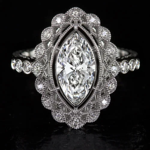 Ladies Engagement Rings Gold Band-2ct VINTAGE STYLE ENGAGEMENT RING LAB CREATED DIAMOND FILIGREE HALO MARQUISE CUT