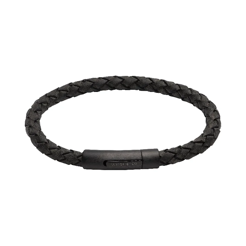 Hippie Bracelets -Unique & Co Matt Black Stainless Steel Clasp Antique Black Leather Bracelet