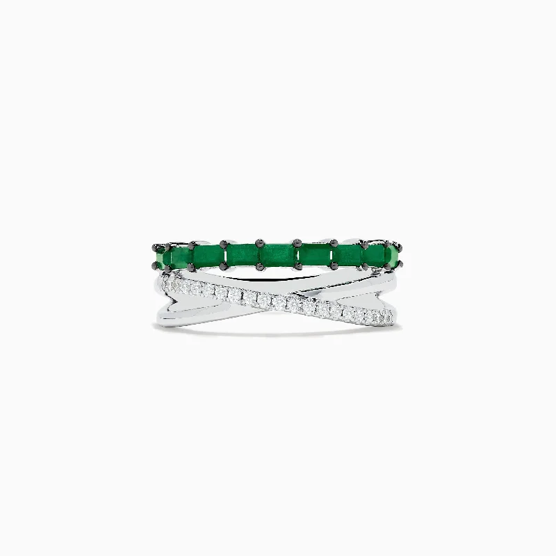 Ladies Rings with Zincite-Brasilica 14K White Gold Emerald and Diamond Crossover Ring