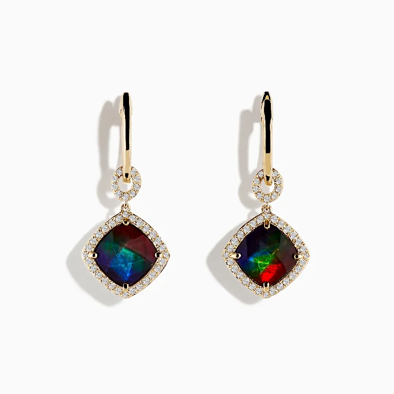 Ladies Earrings with Pyroxmangite-14K Yellow Gold Ammolite and Diamond Earrings