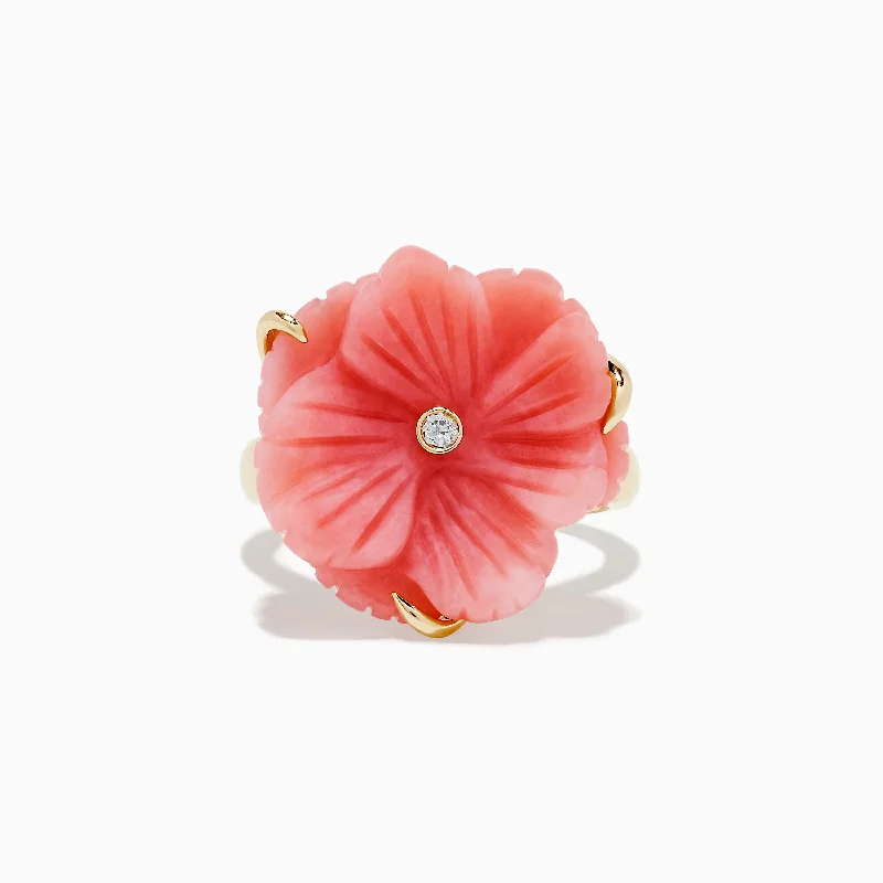 Ladies Rings with Andalusite-Nature 14K Yellow Gold Pink Opal and Diamond Flower Ring