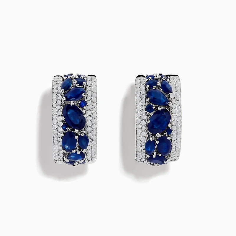 Ladies Earrings with Glaucophane-14K White Gold Sapphire and Diamond Huggie Earrings