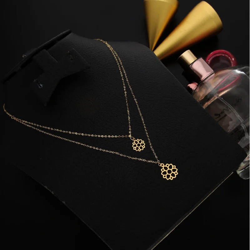 Cubic Zirconia Necklaces -Gold Double Layered Lotus Flower Shaped Necklace 21KT - FKJNKL21KM9793