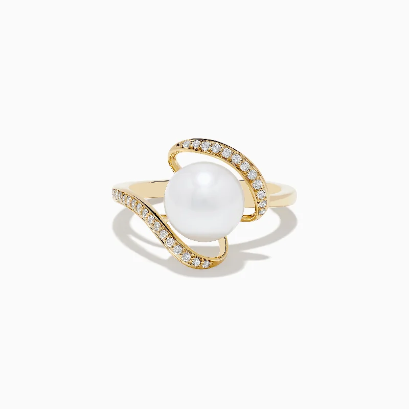 Ladies Rings with Sodalite-Pearl 14K Yellow Gold Pearl and Diamond Ribbon Ring