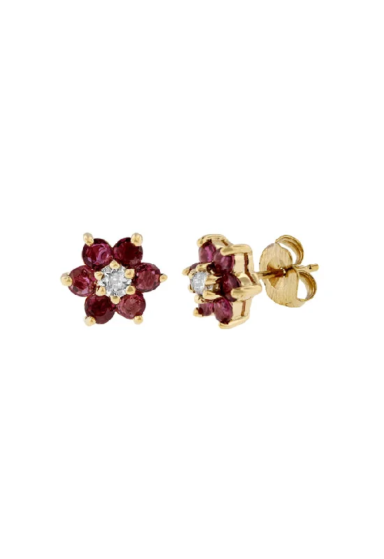 Ladies Earrings Spiral Design-14K Yellow Gold Ruby and Diamond Flower Stud Earrings