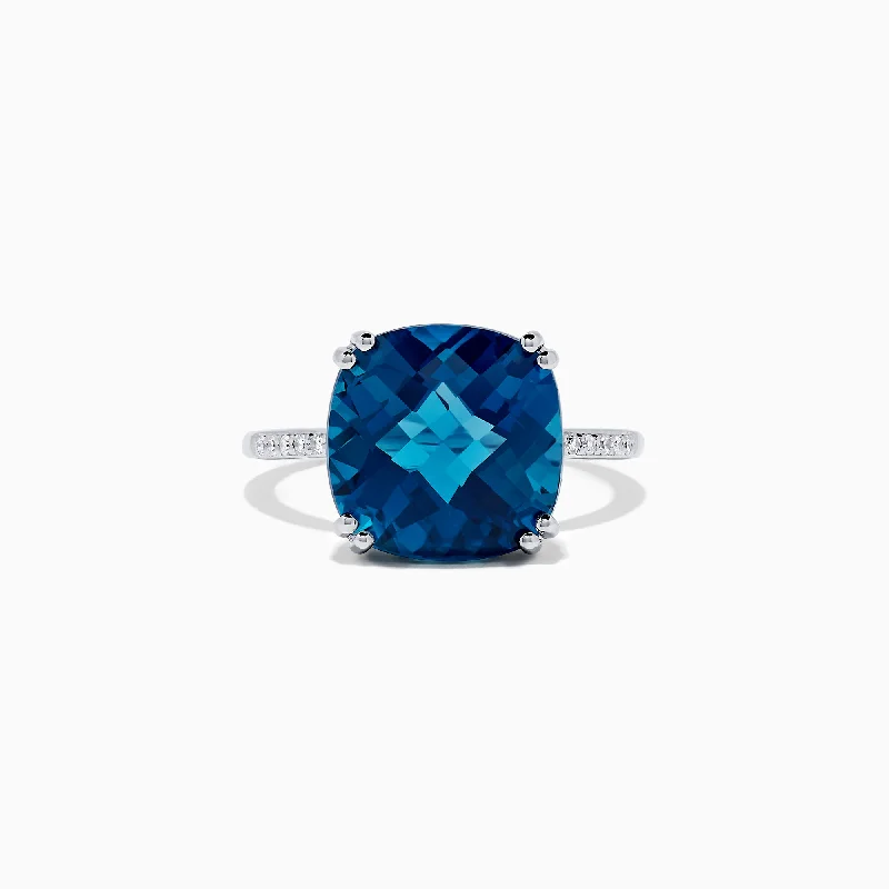 Ladies Rings with Obsidian-Ocean Bleu 14K White Gold London Blue Topaz and Diamond Ring, 8.40 TCW