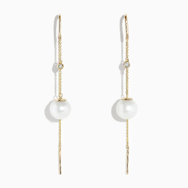 Ladies Earrings with Prehnite-14K Yellow Gold Pearl and Diamond Drop Earrings