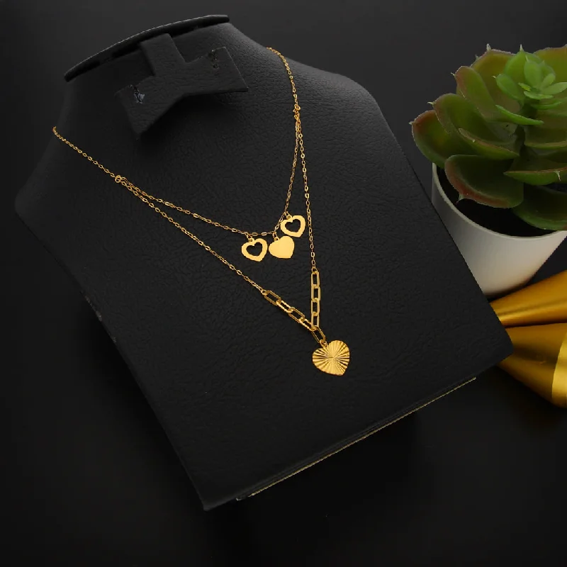 Wedding Necklaces -Gold Double Layered Necklace (Chain With Hollow Heart Shaped Pendant) 21KT - FKJNKL21KM9894