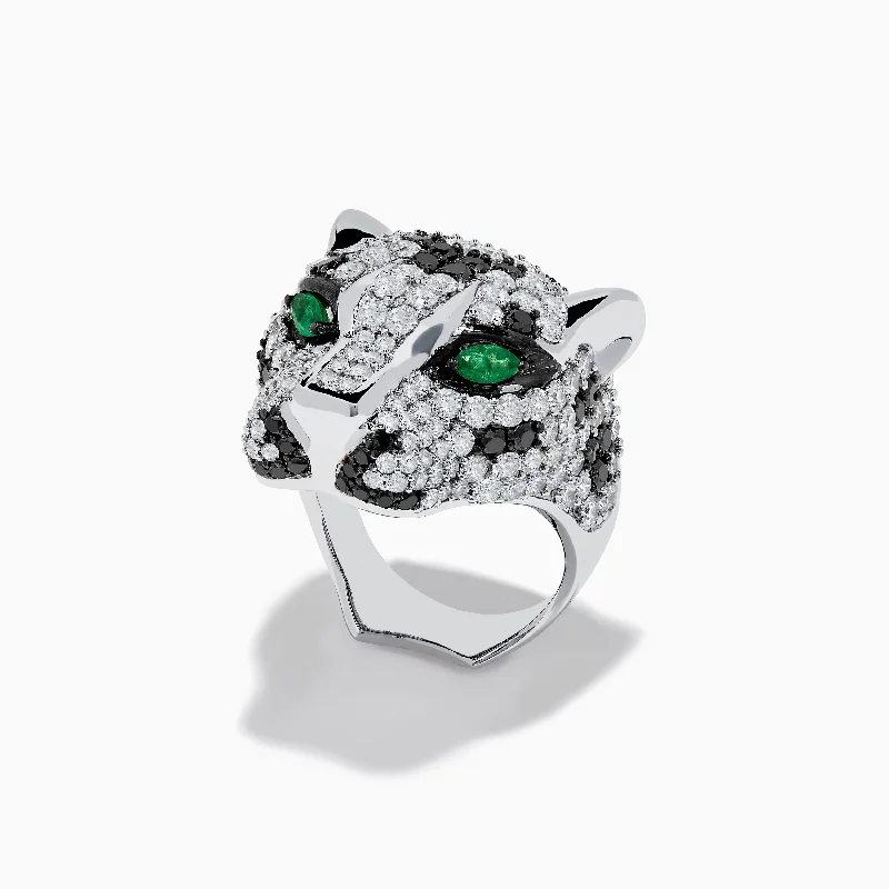 Ladies Rings for Office-Signature Panther Head 14K White Gold Diamond & Emerald Ring