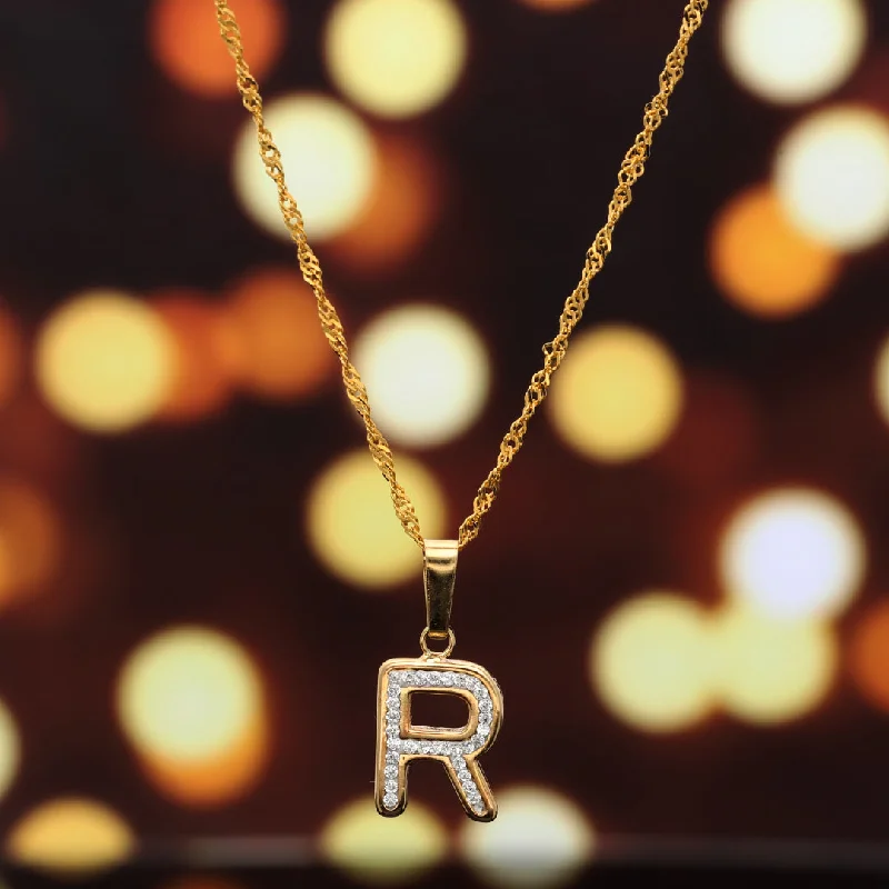 Sparkly Necklaces -Gold Necklace (Chain with R Shaped Alphabet Letter Pendant) 18KT - FKJNKL18K9421