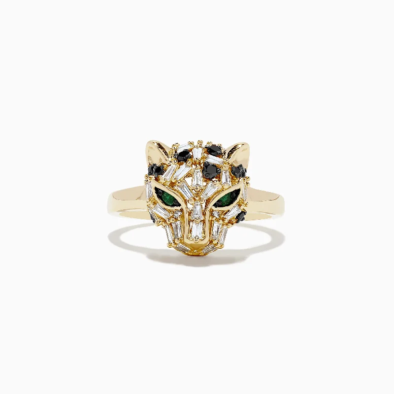 Ladies Rings with Clinozoisite-Signature 14K Yellow Gold Diamond and Emerald Panther Ring