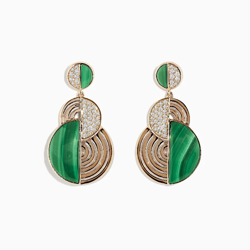 Ladies Earrings Artisan Made-14K Yellow Gold Half Moon Malachite and Diamond Earrings