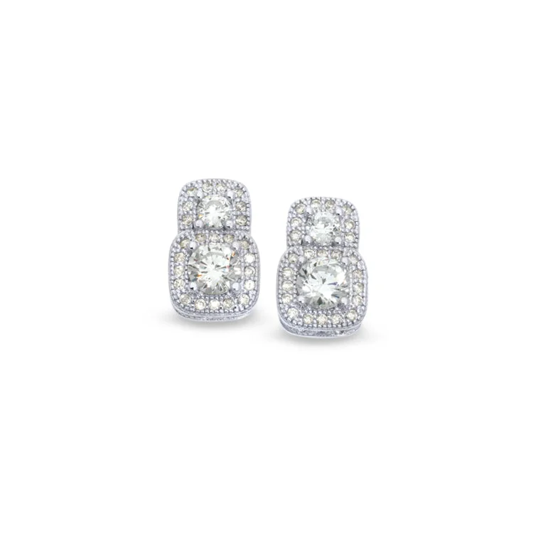 Ladies Earrings with Opal-Platinum Finish Sterling Silver Micropave Two Stone Earrings with 54 Simulated Diamonds