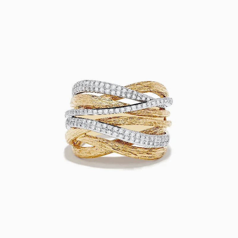 Ladies Rings Eternity Band-Duo 14K Two-Tone Textured Gold Pave Diamond Crossover Ring