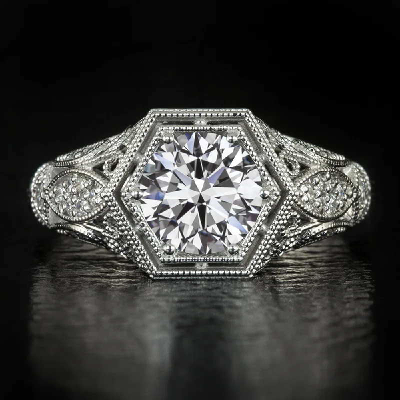 Ladies Engagement Rings with Sodalite-1.5ct VINTAGE STYLE ENGAGEMENT RING LAB CREATED DIAMOND FILIGREE 14k WHITE GOLD