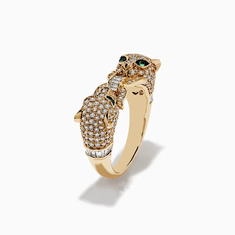 Ladies Rings Leaf Design-Signature 14K Yellow Gold Diamond and Emerald Panther Ring