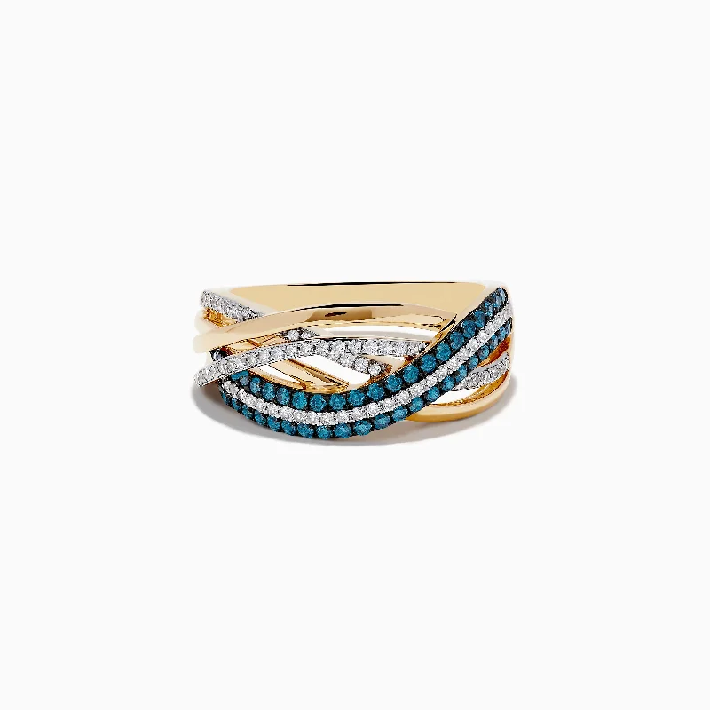 Ladies Rings Elegant Look-Bella Bleu 14K Yellow Gold Blue and White Diamond Crossover Ring