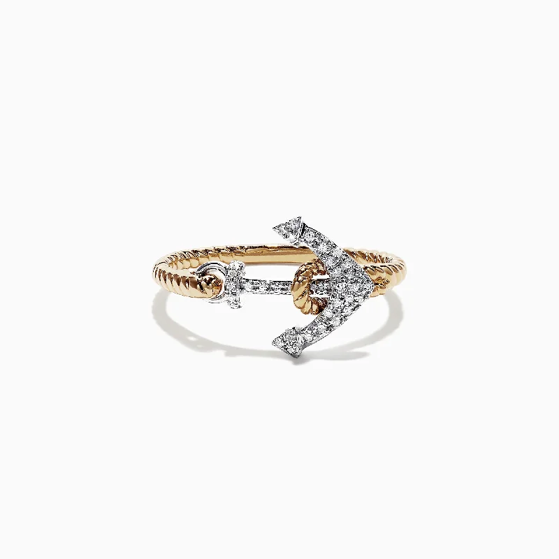 Seaside 14K Two Tone Gold Diamond Anchor Ring, 0.12 TCW