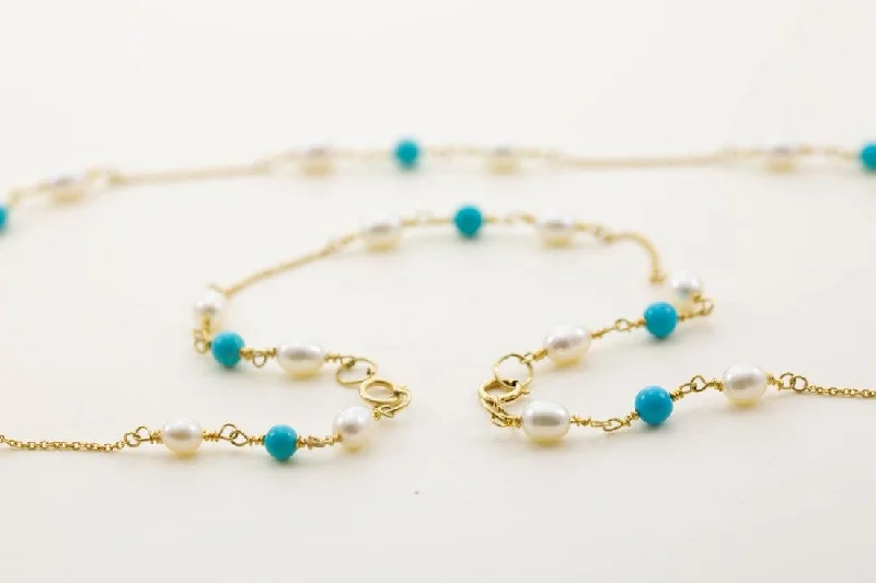 Evening Bracelets -Simon Alexander 9ct Gold Turquoise and Pearl Necklace with Bracelet