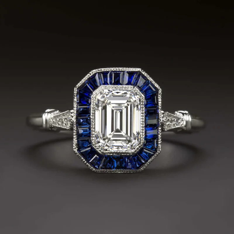 Ladies Engagement Rings with Muscovite-1.20ct GIA CERT I VS1 EMERALD CUT DIAMOND SAPPHIRE ENGAGEMENT RING VINTAGE STYLE