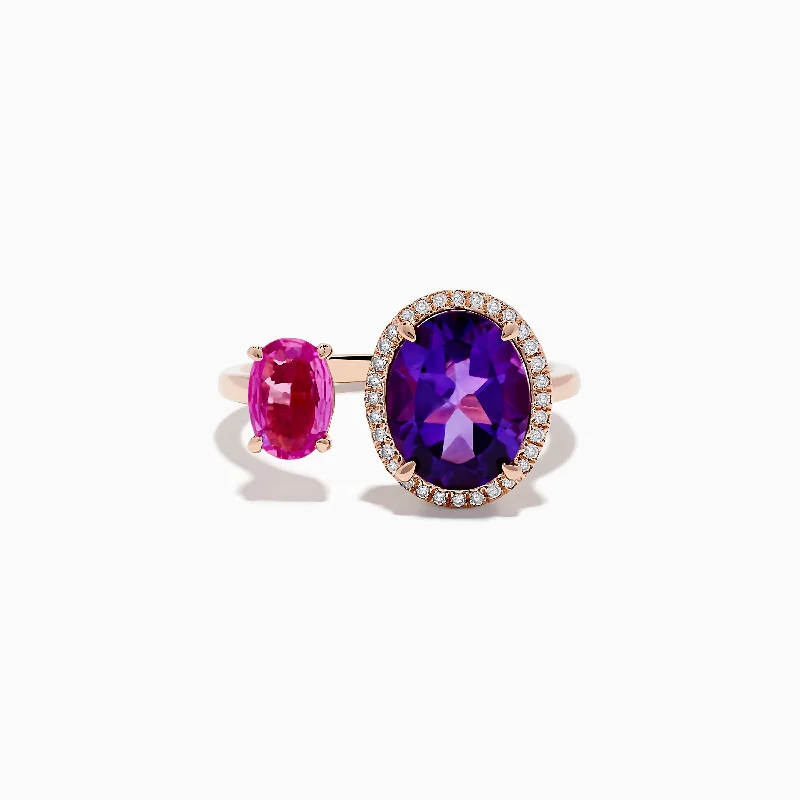 Ladies Rings with Richterite-14K Rose Gold Amethyst, Pink Sapphire, and Diamond Toi Et Moi Ring