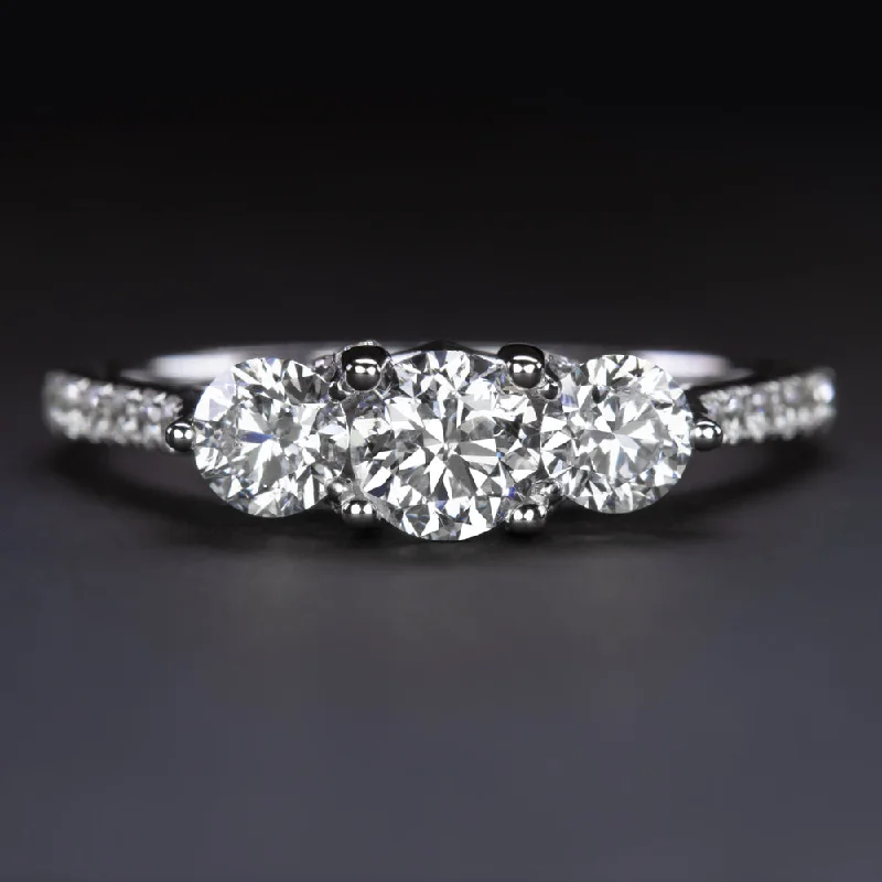 Ladies Engagement Rings Sunburst Style-0.97ctw F SI1-SI2 DIAMOND ENGAGEMENT RING 3 STONE PAVE BAND NATURAL WHITE GOLD