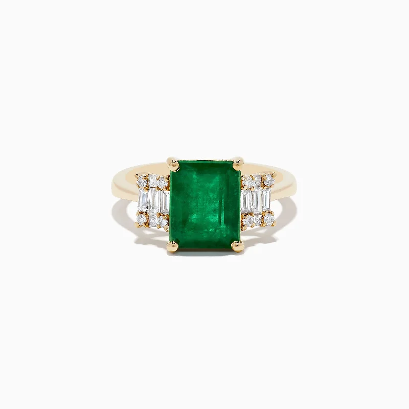 Ladies Rings Fashion Trend-Brasilica 14K Yellow Gold Emerald and Diamond Ring