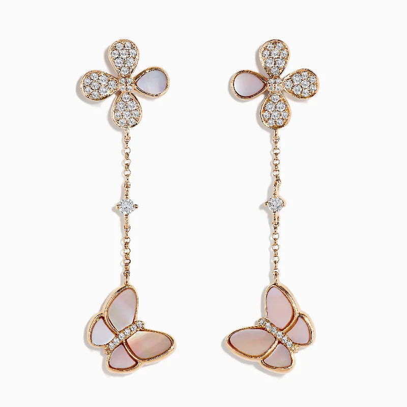 Ladies Earrings Delicate Design-14K Rose Gold Mother of Pearl and Diamond Butterfly Earrings, 0.39 TCW