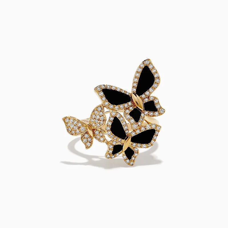 Ladies Rings Double Band-Nature 14K Yellow Gold Onyx and Diamond Multi Butterfly Ring