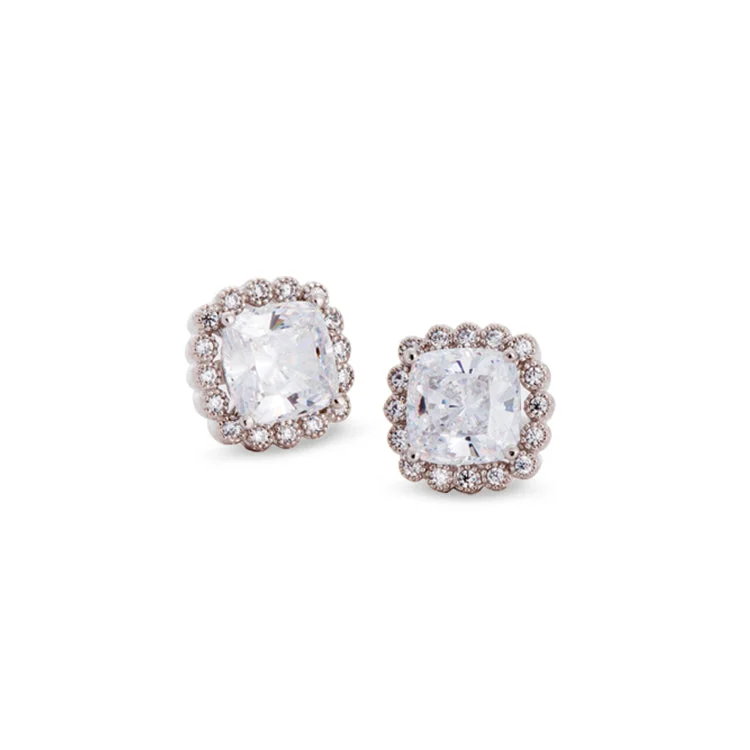 Ladies Earrings for Sisters-Platinum Finish Sterling Silver Cushion Cut Earrings with 32 Simulated Diamonds