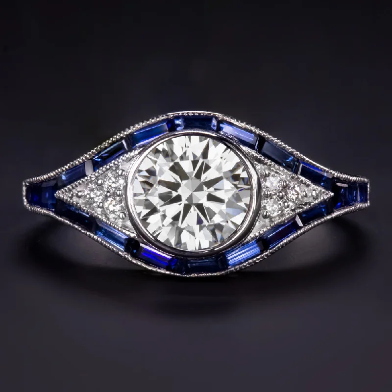 Ladies Engagement Rings Organic Look-1.20ct LAB CREATED DIAMOND SAPPHIRE ENGAGEMENT RING VINTAGE STYLE 14k WHITE GOLD