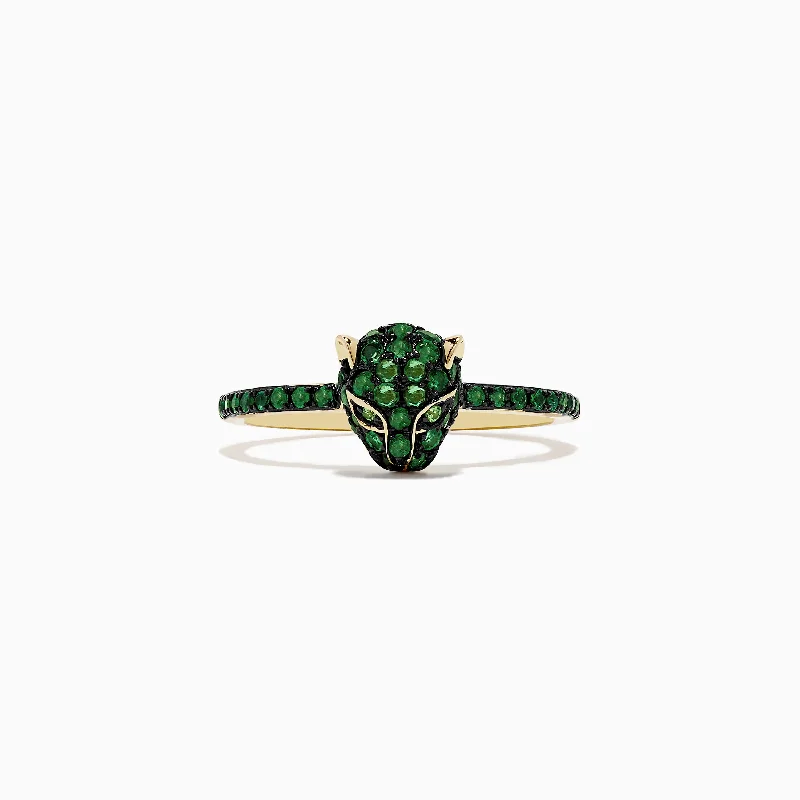 Ladies Rings with Emerald-Signature 14K Yellow Gold Emerald and Tsavorite Panther Ring, 0.57 TCW