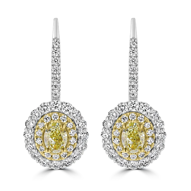 Ladies Earrings for Graduation-18KT GOLD 1.01 CTW YELLOW & 1.13 CTW WHITE DIAMOND OVAL HALO EARRINGS