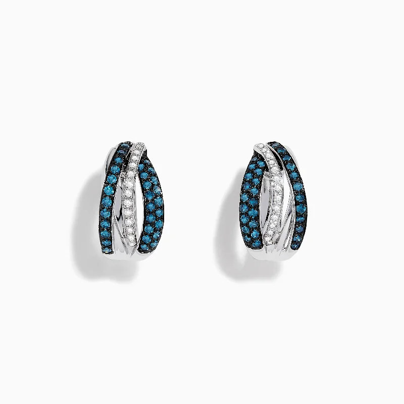 Ladies Earrings Curved Shape-Bella Bleu 14K White Gold White and Blue Diamond Hoop Earrings