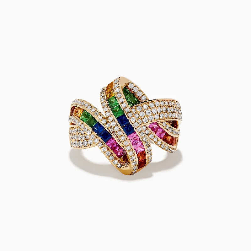 Ladies Rings Butterfly Shape-Watercolor 14k Yellow Gold Multi Sapphire and Diamond Ribbon Ring