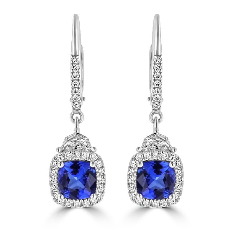 Ladies Earrings for Sisters-JULEVE 18K 2.22 CTW SAPPHIRE & 0.72 CTW DIAMOND HALO DROP EARRINGS