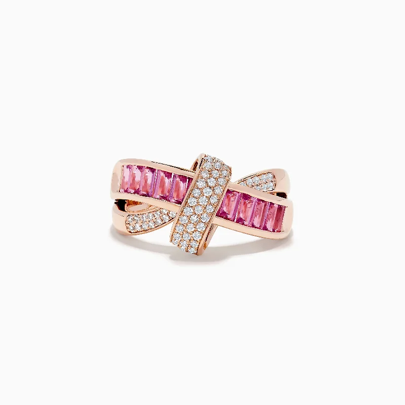 Ladies Rings Thin Band-14K Rose Gold Pink Sapphire and Diamond Crossover Ring