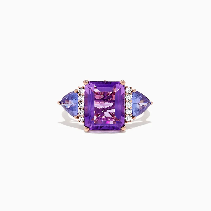 Ladies Rings with Cavansite-14K Rose Gold Amethyst, Tanzanite and Diamond Ring, 7.49 TCW