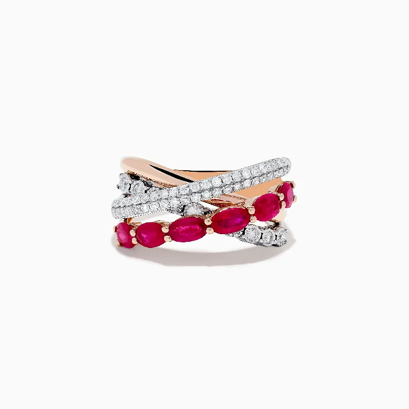 Ladies Rings with Rhodochrosite-Ruby Royale 14K Two-Tone Gold Ruby and Diamond Crossover Ring