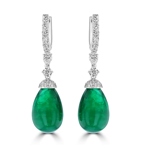 Ladies Earrings Bright Colors-18K WHITE GOLD 34.35CT EMERALD & 2.02CT DIAMOND DANGLE LEVERBACK EARRINGS