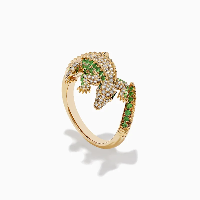 Ladies Rings for Activists-Safari 14K Yellow Gold Diamond, Tsavorite, and Emerald Crocodile Ring