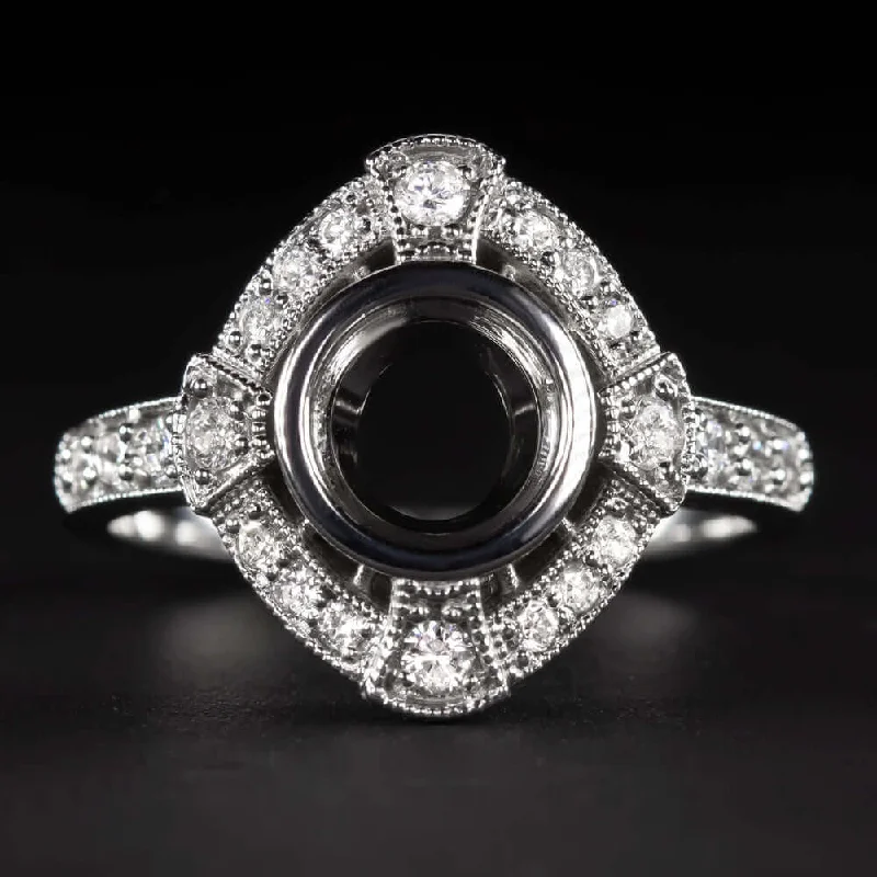 Ladies Engagement Rings Luxury Brand-DIAMOND WHITE GOLD RING SETTING 7m ROUND CUT VINTAGE STYLE ENGAGEMENT MOUNT DECO