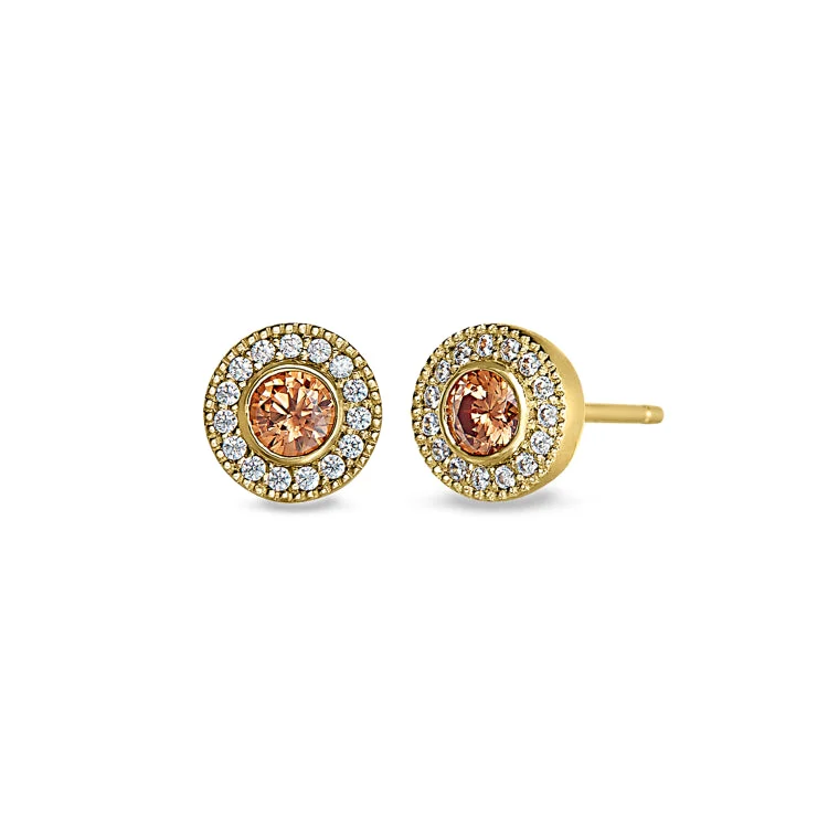 Ladies Earrings Small Stud-Gold Finish Sterling Silver Micropave Round Simulated Citrine Earrings with Simulated Diamonds